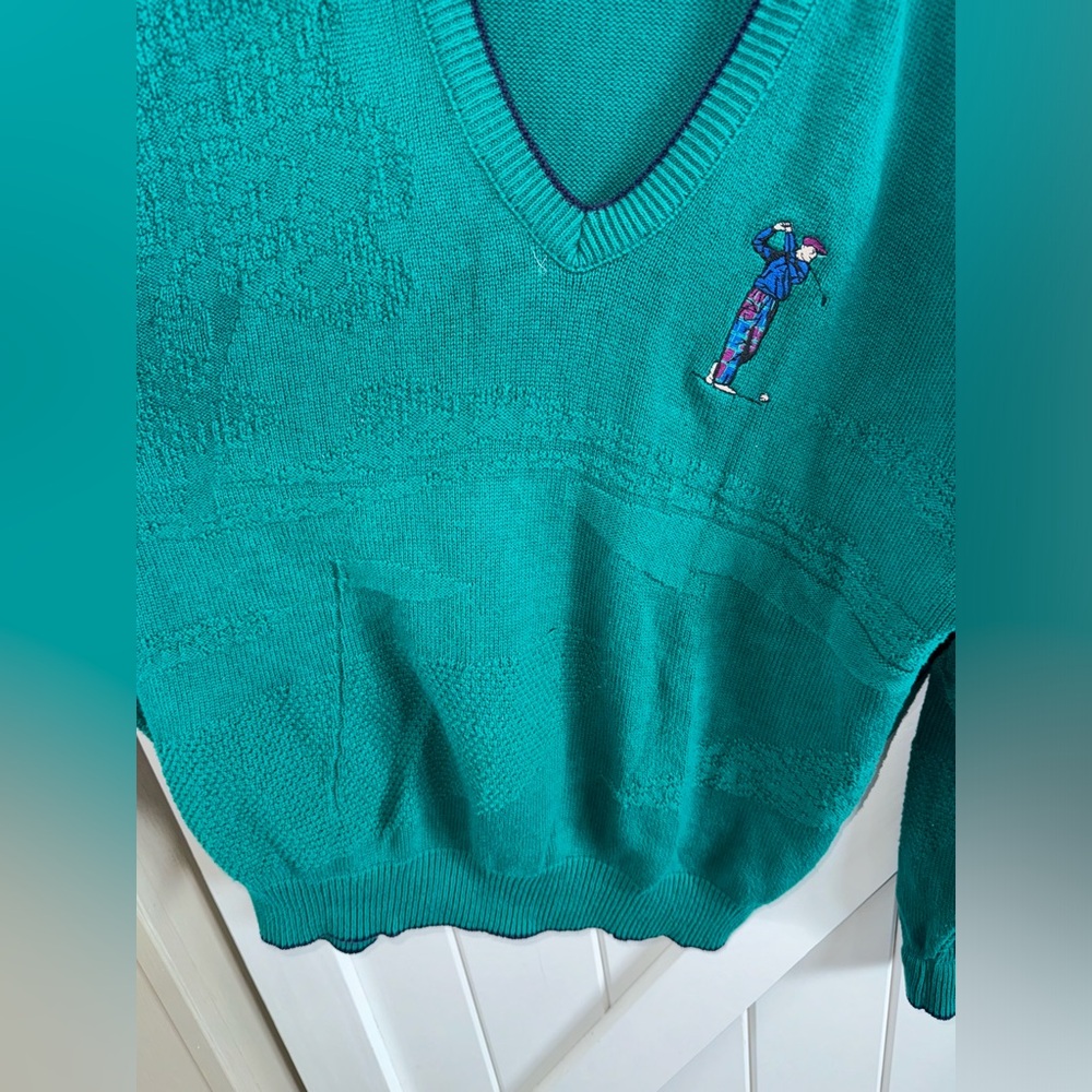 VINTAGE CROFT & BARROW GOLF SWEATER. 3D KNITTED GOLF COURSE. 100% COTTON. SIZE L